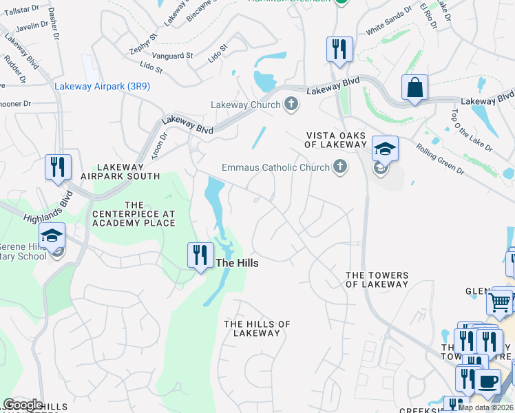 map of restaurants, bars, coffee shops, grocery stores, and more near 209 The Hills Drive in The Hills