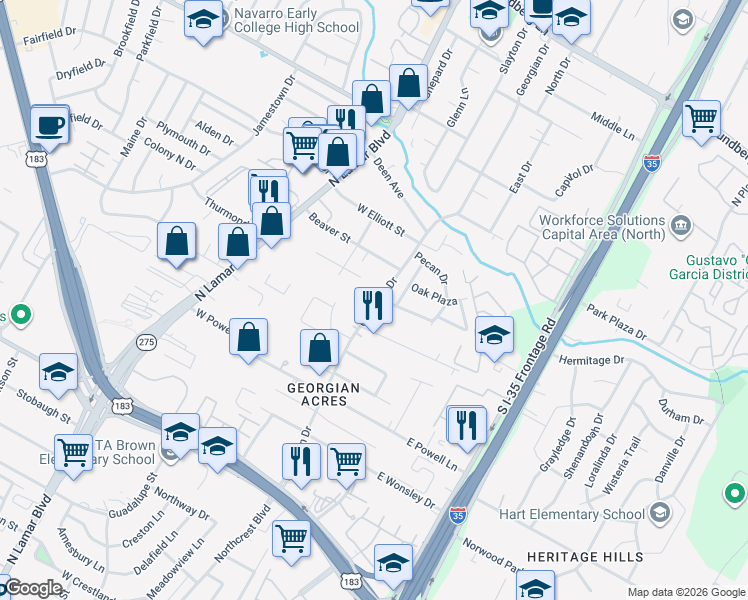 map of restaurants, bars, coffee shops, grocery stores, and more near 8412 Georgian Drive in Austin