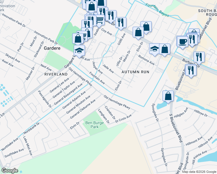 map of restaurants, bars, coffee shops, grocery stores, and more near 2012 Fountain Avenue in Baton Rouge