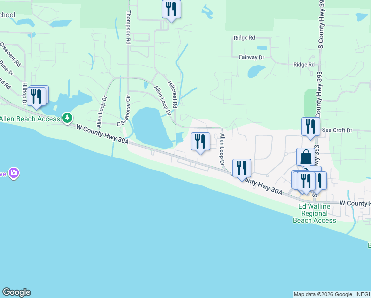 map of restaurants, bars, coffee shops, grocery stores, and more near 34 Rue Du Soleil in Santa Rosa Beach