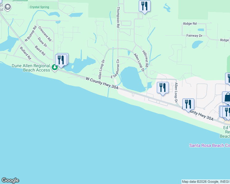 map of restaurants, bars, coffee shops, grocery stores, and more near 5483 County Road 30A in Santa Rosa Beach