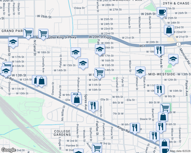 map of restaurants, bars, coffee shops, grocery stores, and more near 1822 West 13th Street in Jacksonville