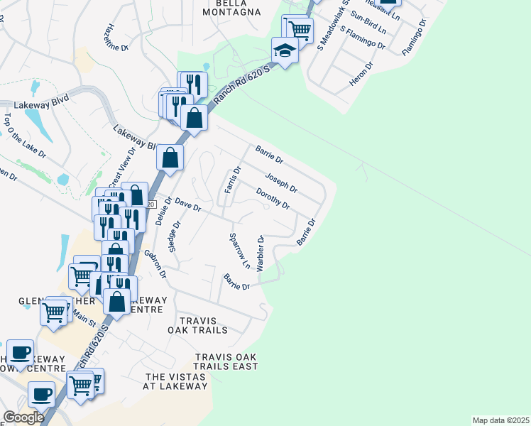 map of restaurants, bars, coffee shops, grocery stores, and more near 33 Green Terrace Cove in Lakeway