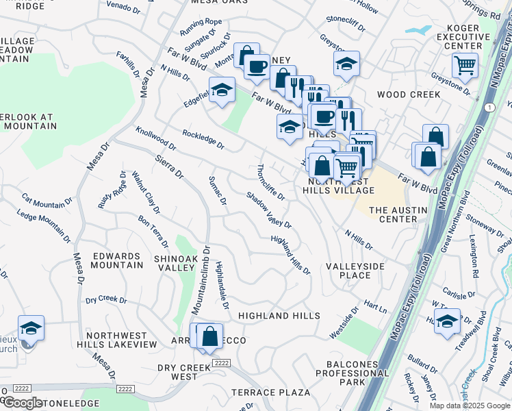 map of restaurants, bars, coffee shops, grocery stores, and more near 6400 Shadow Valley Drive in Austin