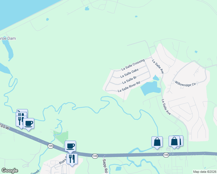 map of restaurants, bars, coffee shops, grocery stores, and more near 2348 La Salle Woods in Conroe