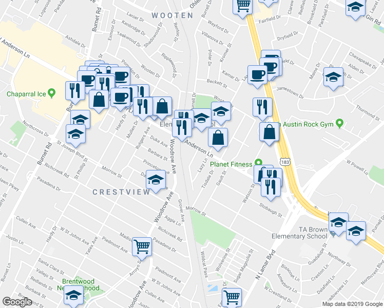 map of restaurants, bars, coffee shops, grocery stores, and more near 7808 Northwest Drive in Austin