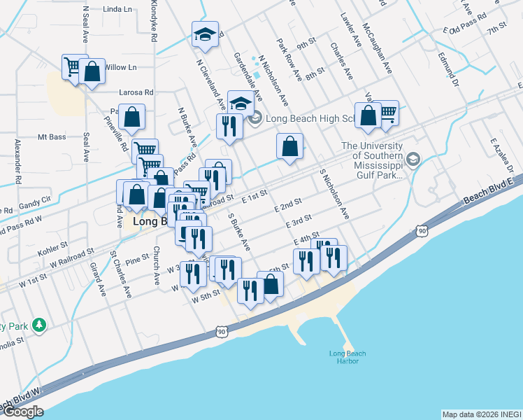 map of restaurants, bars, coffee shops, grocery stores, and more near 228 East 2nd Street in Long Beach