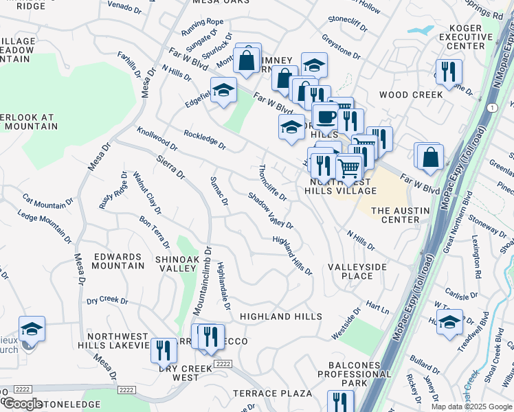 map of restaurants, bars, coffee shops, grocery stores, and more near 6400 Shadow Valley Drive in Austin