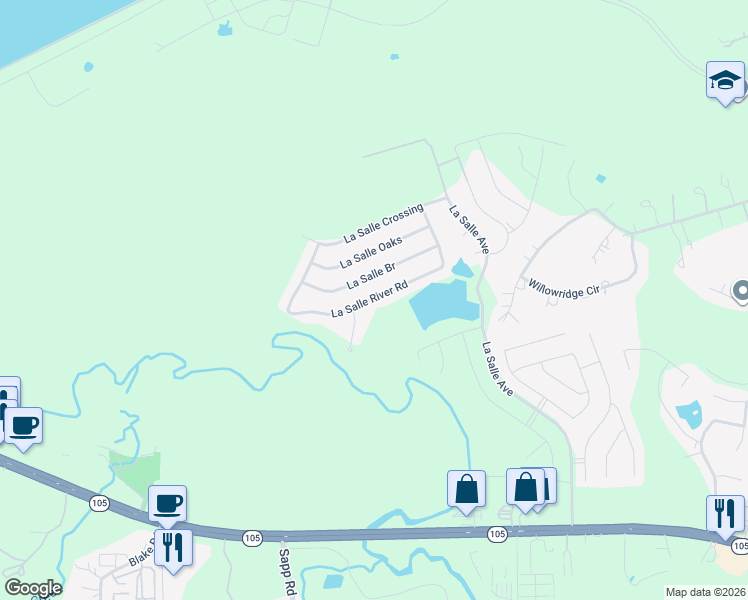 map of restaurants, bars, coffee shops, grocery stores, and more near 12091 La Salle River Road in Conroe