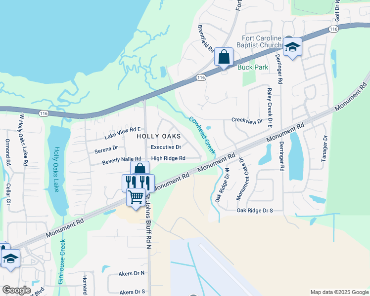 map of restaurants, bars, coffee shops, grocery stores, and more near 10832 Executive Drive in Jacksonville