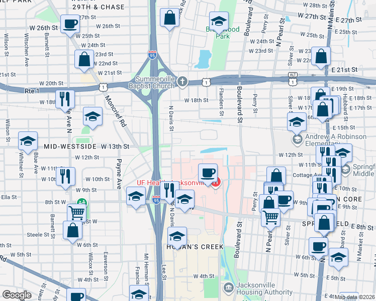 map of restaurants, bars, coffee shops, grocery stores, and more near 720 Venus Mars Court in Jacksonville