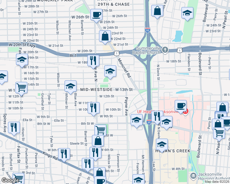 map of restaurants, bars, coffee shops, grocery stores, and more near 1179 West 12th Street in Jacksonville