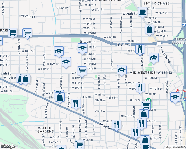 map of restaurants, bars, coffee shops, grocery stores, and more near 1702 West 13th Street in Jacksonville