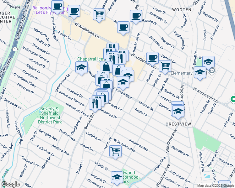 map of restaurants, bars, coffee shops, grocery stores, and more near 7508 Saint Louis Street in Austin