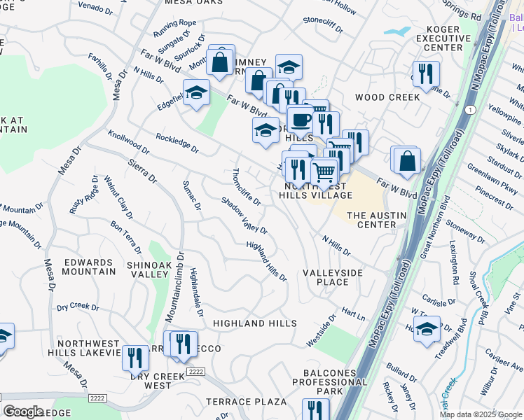 map of restaurants, bars, coffee shops, grocery stores, and more near 6303 Shadow Valley Drive in Austin