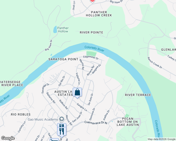 map of restaurants, bars, coffee shops, grocery stores, and more near 9802 Inca Lane in Austin