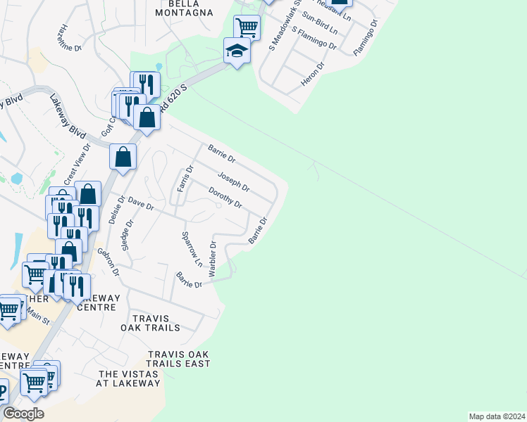 map of restaurants, bars, coffee shops, grocery stores, and more near 905 Barrie Drive in Austin