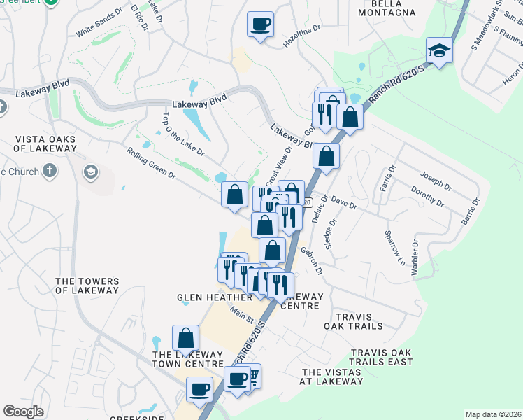 map of restaurants, bars, coffee shops, grocery stores, and more near 129 Crest View Drive in Lakeway