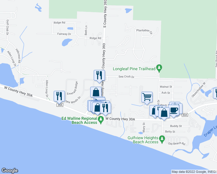 map of restaurants, bars, coffee shops, grocery stores, and more near 55 Louva Lane in Santa Rosa Beach