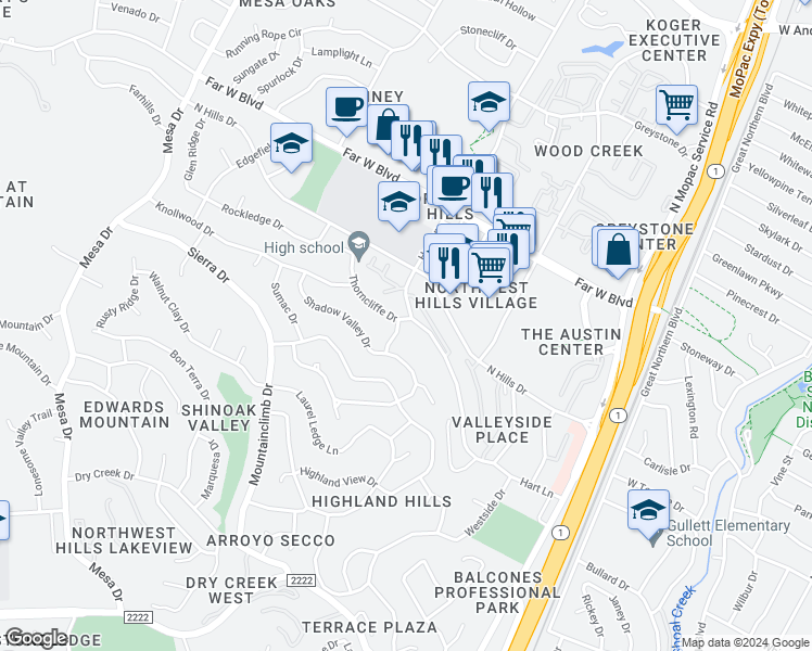 map of restaurants, bars, coffee shops, grocery stores, and more near 6800 Thorncliffe Drive in Austin