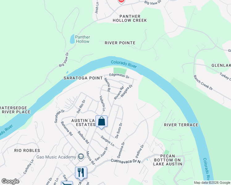 map of restaurants, bars, coffee shops, grocery stores, and more near 9802 Inca Lane in Austin