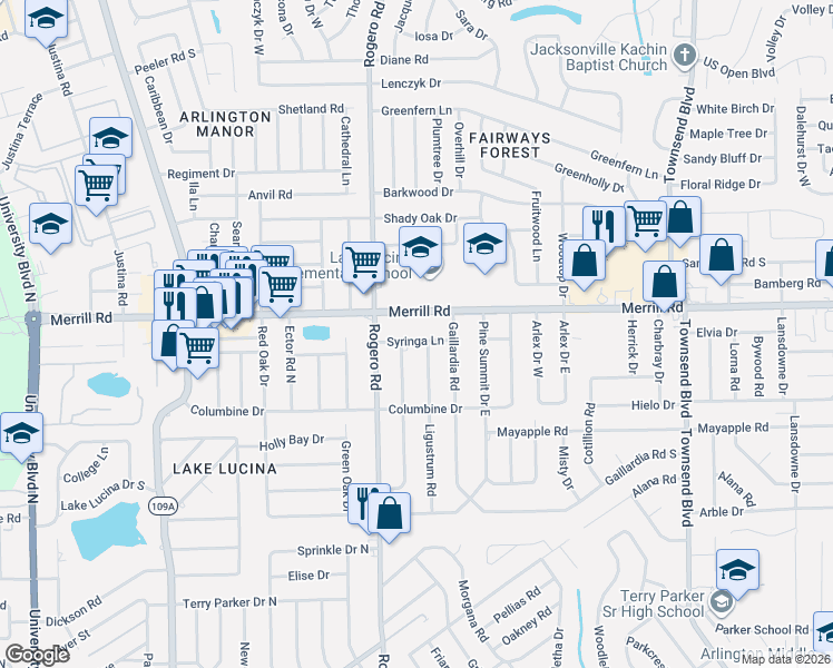 map of restaurants, bars, coffee shops, grocery stores, and more near 6603 Syringa Lane in Jacksonville