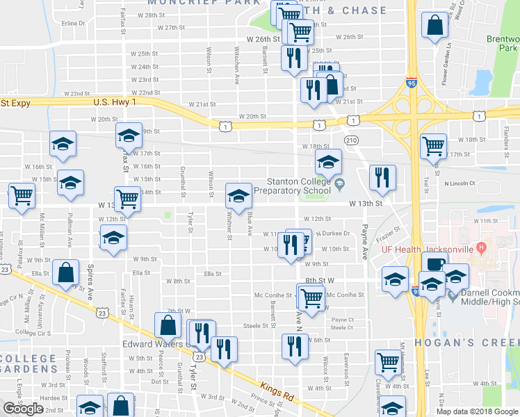 map of restaurants, bars, coffee shops, grocery stores, and more near 1424 West 13th Street in Jacksonville