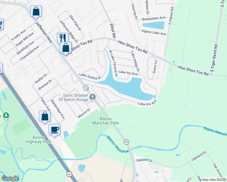 map of restaurants, bars, coffee shops, grocery stores, and more near 17627 Lake Iris Avenue in Baton Rouge