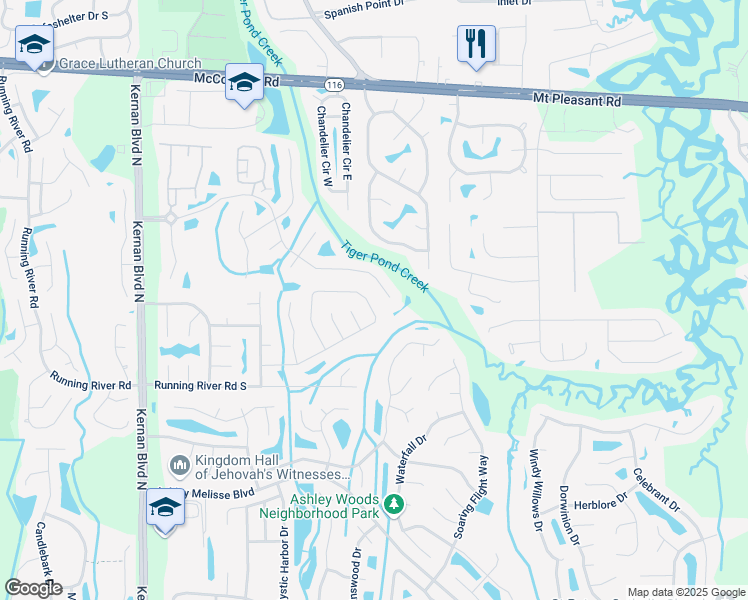 map of restaurants, bars, coffee shops, grocery stores, and more near 1605 Point Park Drive East in Jacksonville