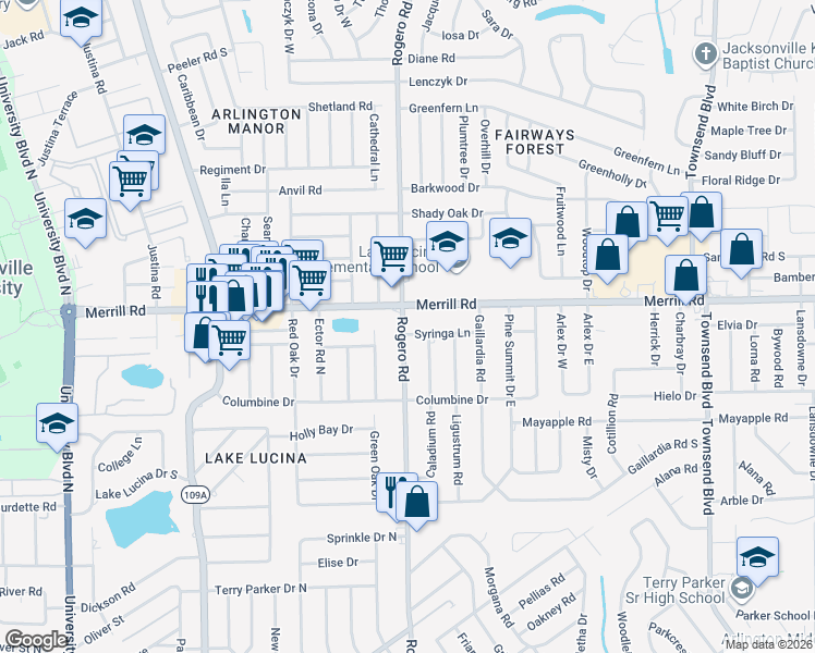 map of restaurants, bars, coffee shops, grocery stores, and more near 2713 Rogero Road in Jacksonville