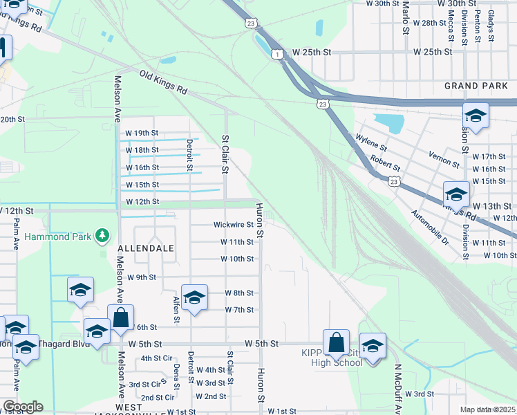 map of restaurants, bars, coffee shops, grocery stores, and more near 2800 West 12th Street in Jacksonville