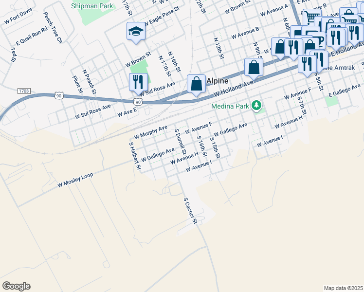 map of restaurants, bars, coffee shops, grocery stores, and more near 400 South Durrell Street in Alpine