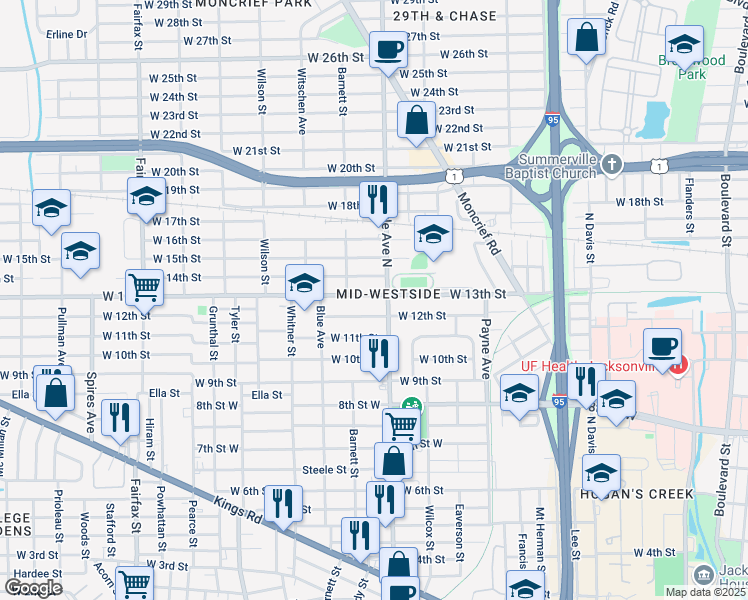map of restaurants, bars, coffee shops, grocery stores, and more near 1318 West 13th Street in Jacksonville
