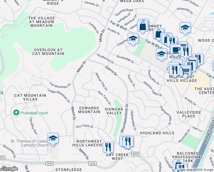 map of restaurants, bars, coffee shops, grocery stores, and more near 4008 Walnut Clay Drive in Austin