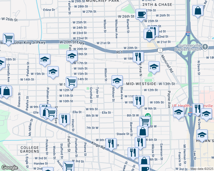 map of restaurants, bars, coffee shops, grocery stores, and more near 1530 West 13th Street in Jacksonville