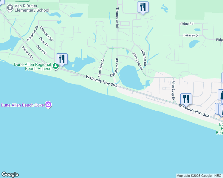 map of restaurants, bars, coffee shops, grocery stores, and more near 5483 County Road 30A in Santa Rosa Beach