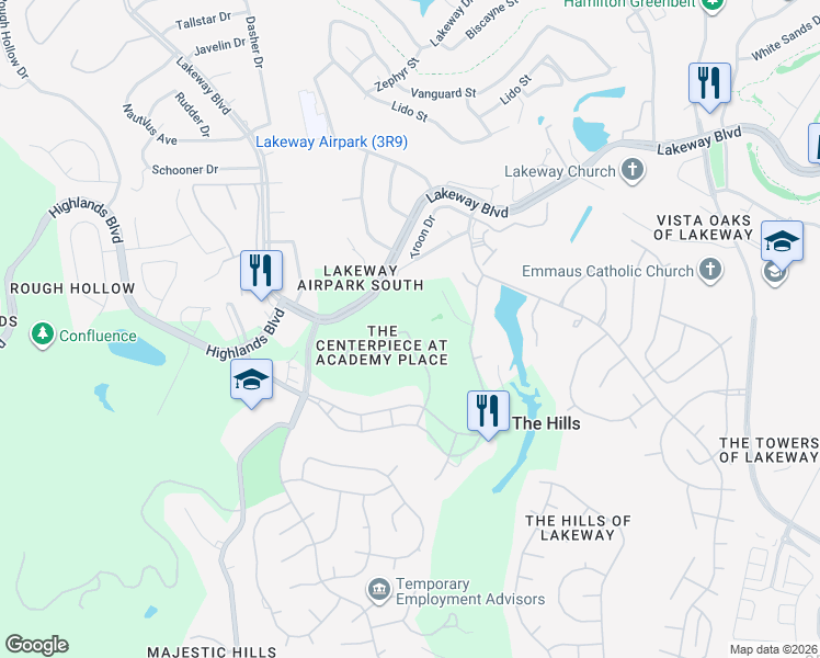 map of restaurants, bars, coffee shops, grocery stores, and more near 8 Tournament Way in Austin