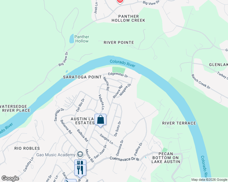 map of restaurants, bars, coffee shops, grocery stores, and more near 9802 Inca Lane in Austin