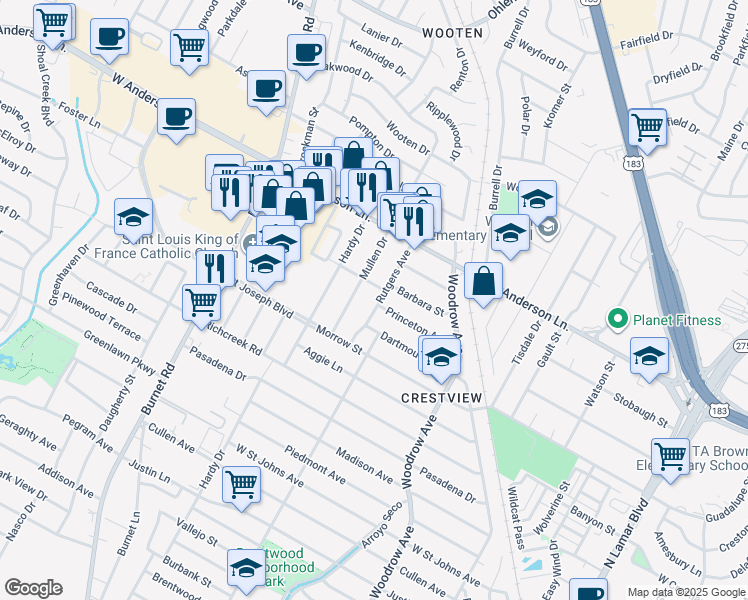 map of restaurants, bars, coffee shops, grocery stores, and more near 7710 Rutgers Avenue in Austin