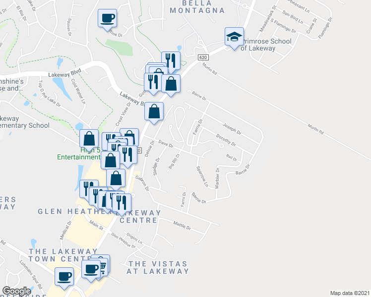 map of restaurants, bars, coffee shops, grocery stores, and more near 11 White Magnolia Circle in Lakeway