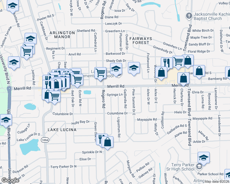 map of restaurants, bars, coffee shops, grocery stores, and more near 6603 Syringa Lane in Jacksonville