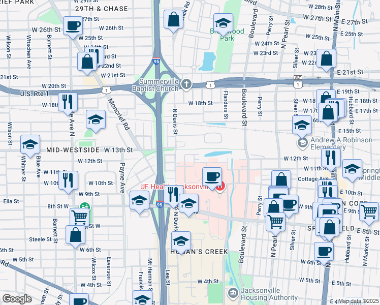 map of restaurants, bars, coffee shops, grocery stores, and more near 720 Venus Mars Court in Jacksonville