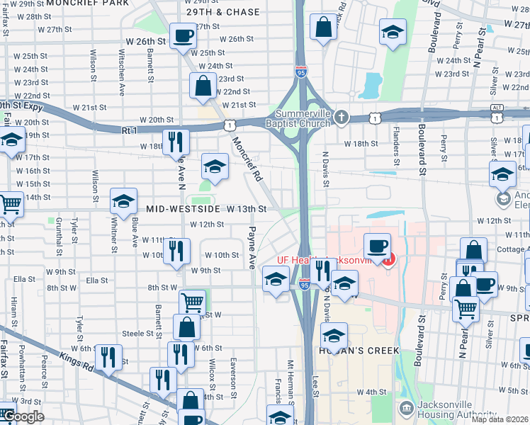map of restaurants, bars, coffee shops, grocery stores, and more near 1055 West 12th Street in Jacksonville