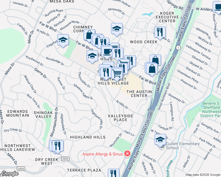 map of restaurants, bars, coffee shops, grocery stores, and more near 3537 North Hills Drive in Austin