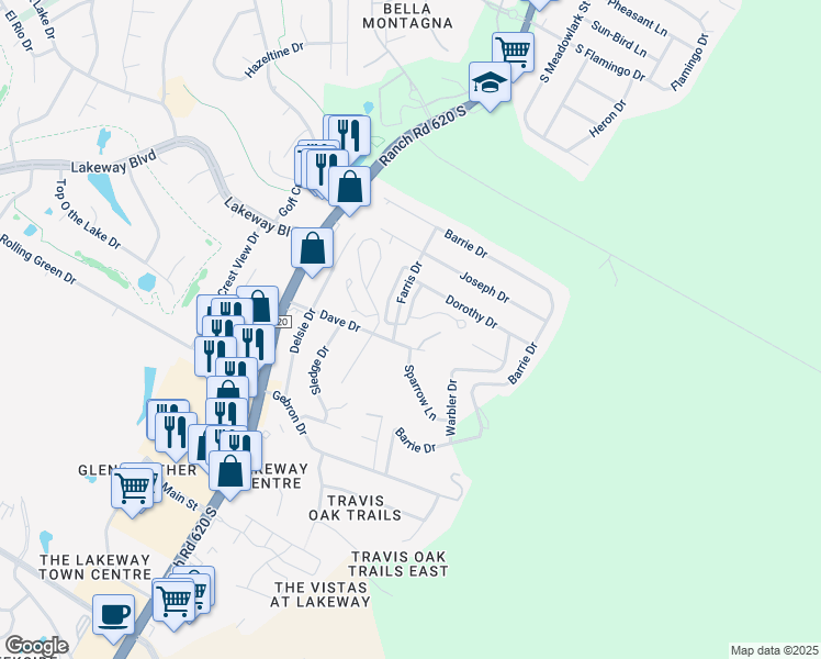 map of restaurants, bars, coffee shops, grocery stores, and more near 4 Sparrow Lane in Austin