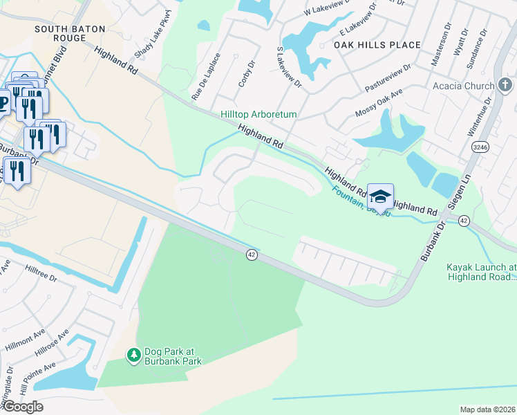 map of restaurants, bars, coffee shops, grocery stores, and more near 702 Grand Lakes Drive in Baton Rouge