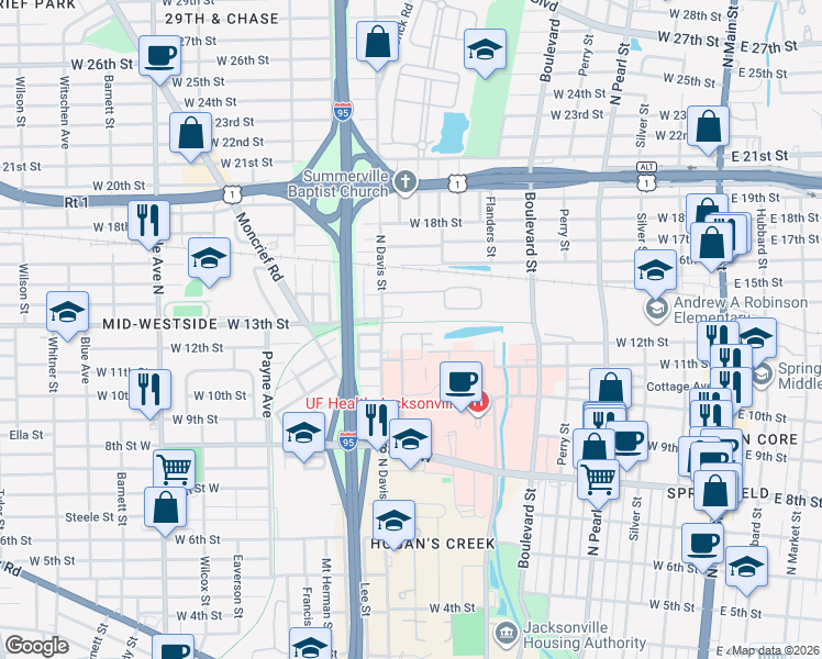 map of restaurants, bars, coffee shops, grocery stores, and more near 719 Venus Mars Court in Jacksonville