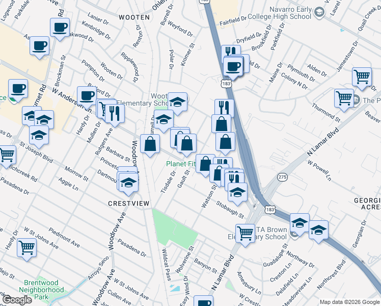 map of restaurants, bars, coffee shops, grocery stores, and more near in Austin