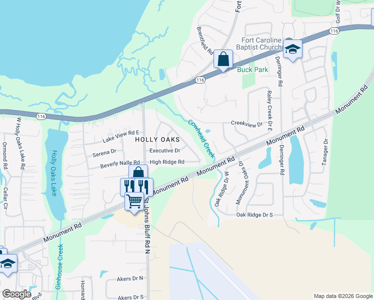 map of restaurants, bars, coffee shops, grocery stores, and more near 10832 Executive Drive in Jacksonville