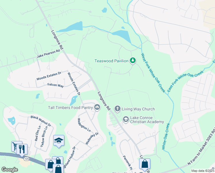 map of restaurants, bars, coffee shops, grocery stores, and more near 5265 Longmire Court in Conroe
